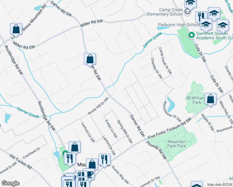 map of restaurants, bars, coffee shops, grocery stores, and more near 5148 Rocky Hill Drive Southwest in Lilburn