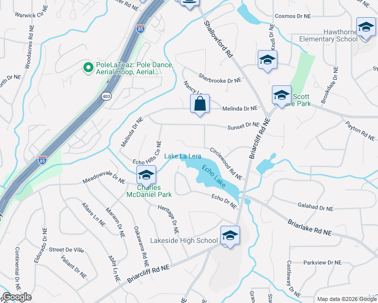 map of restaurants, bars, coffee shops, grocery stores, and more near 2475 Circlewood Road Northeast in Atlanta