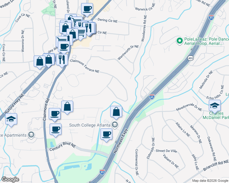 map of restaurants, bars, coffee shops, grocery stores, and more near 2206 Clairmont Terrace Northeast in Atlanta
