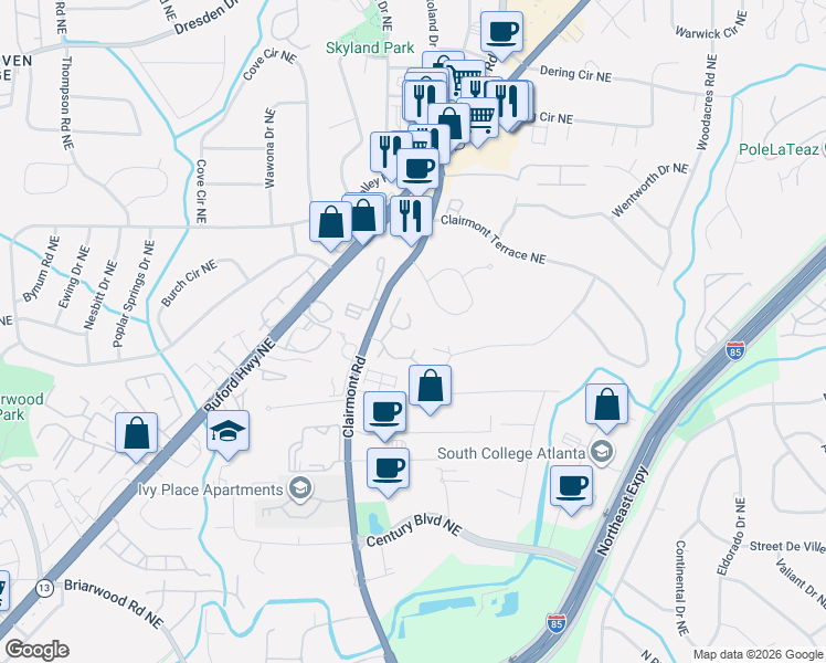 map of restaurants, bars, coffee shops, grocery stores, and more near 3209 Clairmont Road in Atlanta