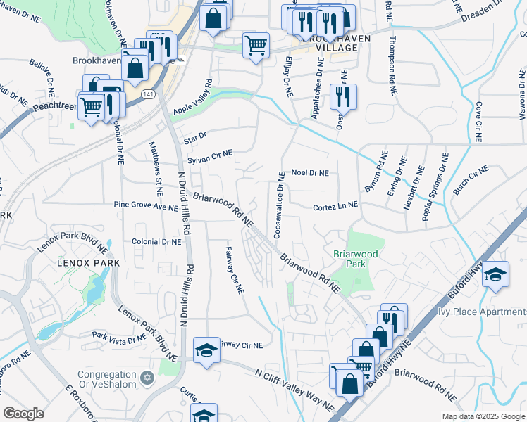 map of restaurants, bars, coffee shops, grocery stores, and more near 2298 Briarwood Hills Drive Northeast in Atlanta