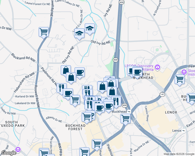map of restaurants, bars, coffee shops, grocery stores, and more near 34 Ivy Chase Northeast in Atlanta
