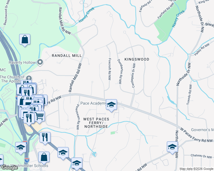 map of restaurants, bars, coffee shops, grocery stores, and more near 3565 Rembrandt Road Northwest in Atlanta