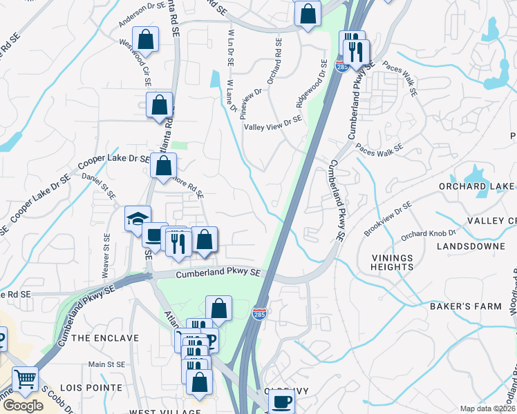 map of restaurants, bars, coffee shops, grocery stores, and more near 4127 Oberon Drive Southeast in Smyrna