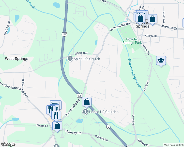 map of restaurants, bars, coffee shops, grocery stores, and more near 4217 Brownsville Road in Powder Springs