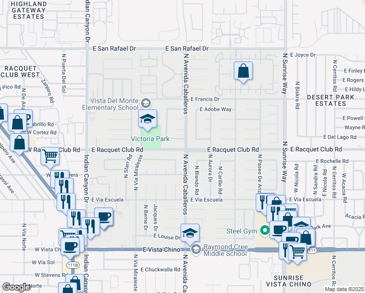 map of restaurants, bars, coffee shops, grocery stores, and more near 970 East Racquet Club Road in Palm Springs