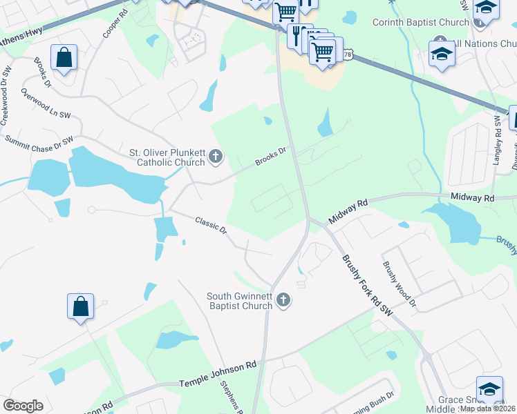 map of restaurants, bars, coffee shops, grocery stores, and more near 1171 Rose Terrace Circle in Loganville