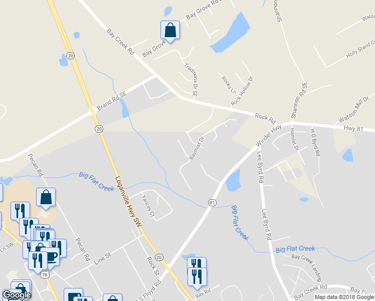 map of restaurants, bars, coffee shops, grocery stores, and more near 612 Baymist Court in Loganville