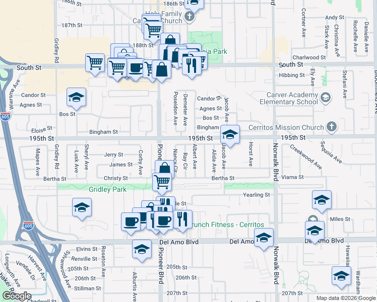 map of restaurants, bars, coffee shops, grocery stores, and more near 19528 Ray Circle in Cerritos