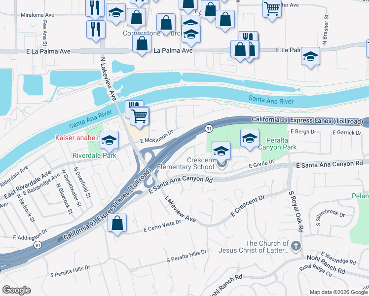 map of restaurants, bars, coffee shops, grocery stores, and more near 4853 East Wasatch Drive in Anaheim