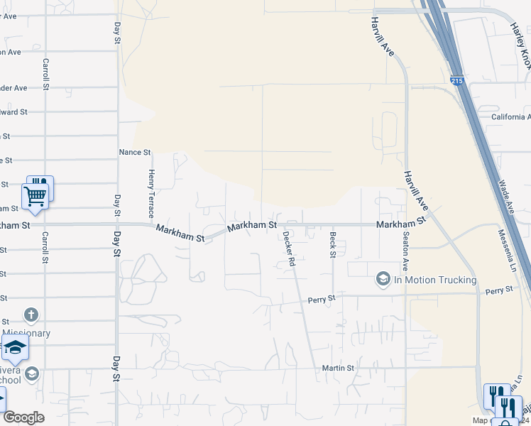 map of restaurants, bars, coffee shops, grocery stores, and more near 18420 Decker Road in Perris