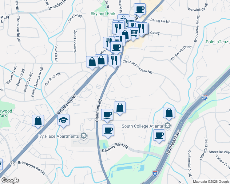 map of restaurants, bars, coffee shops, grocery stores, and more near 3209 Clairmont Road in Atlanta