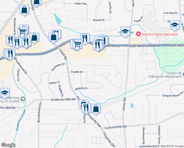 map of restaurants, bars, coffee shops, grocery stores, and more near 960 Tyrell Drive in Austell