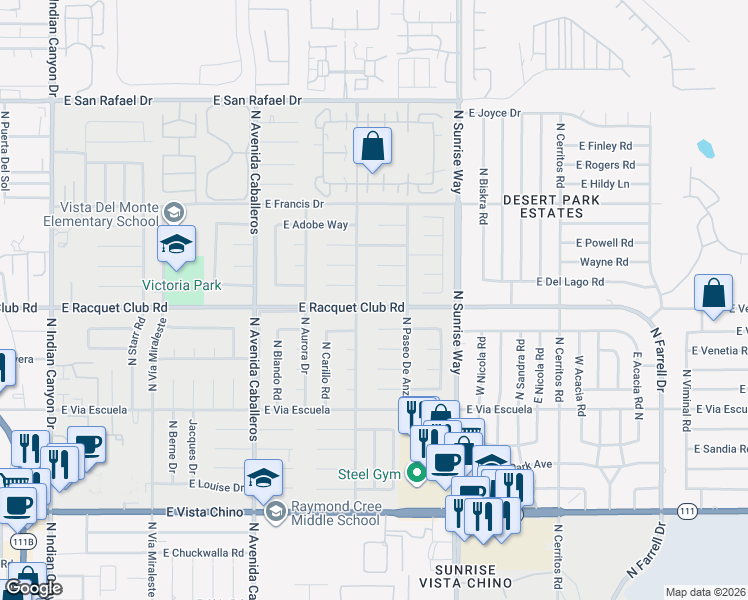 map of restaurants, bars, coffee shops, grocery stores, and more near 1411 East Racquet Club Road in Palm Springs