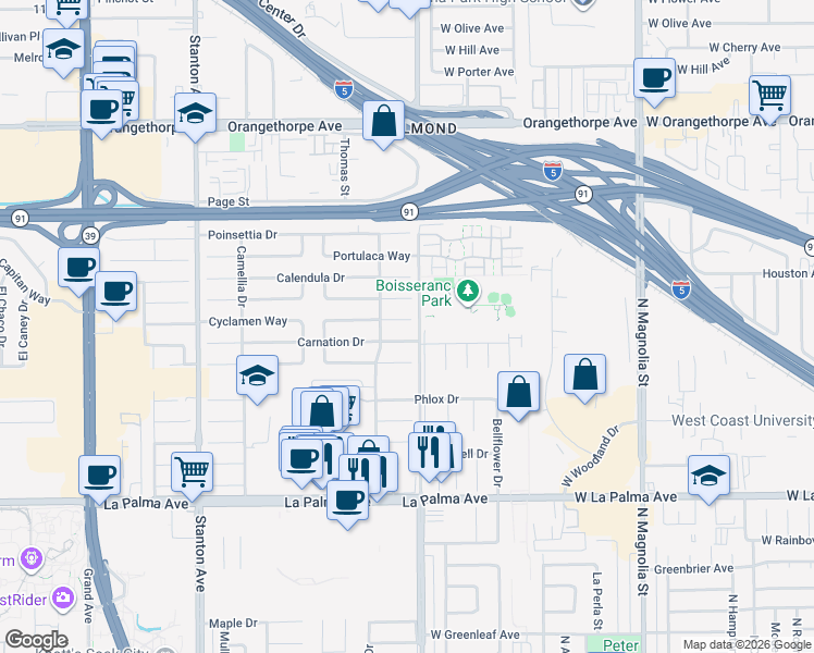 map of restaurants, bars, coffee shops, grocery stores, and more near 8481 Carnation Drive in Buena Park