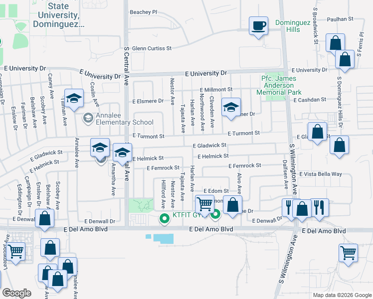 map of restaurants, bars, coffee shops, grocery stores, and more near 19700 Tajauta Avenue in Carson
