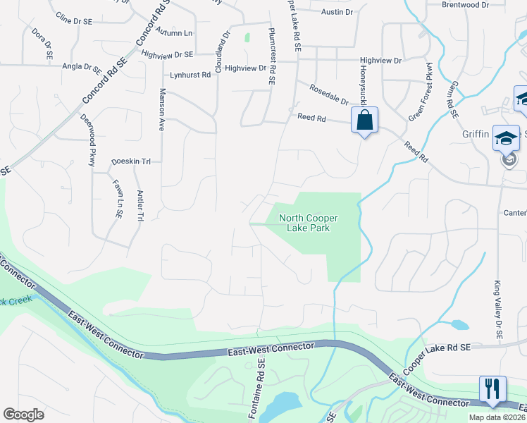 map of restaurants, bars, coffee shops, grocery stores, and more near 412 Downfield Way in Smyrna