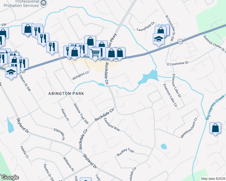 map of restaurants, bars, coffee shops, grocery stores, and more near 2805 Brookhill Court in Snellville