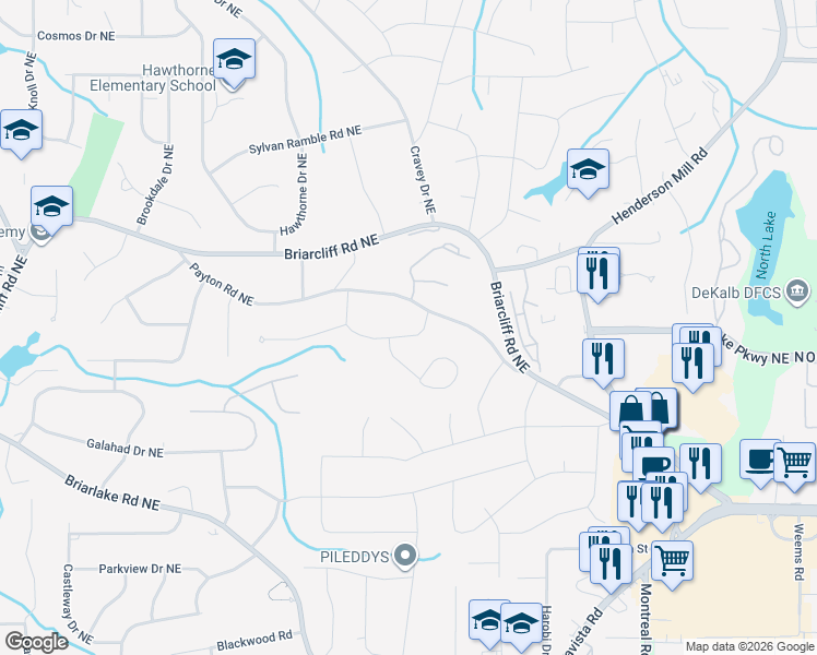 map of restaurants, bars, coffee shops, grocery stores, and more near 2994 Green Oaks Circle Northeast in Atlanta