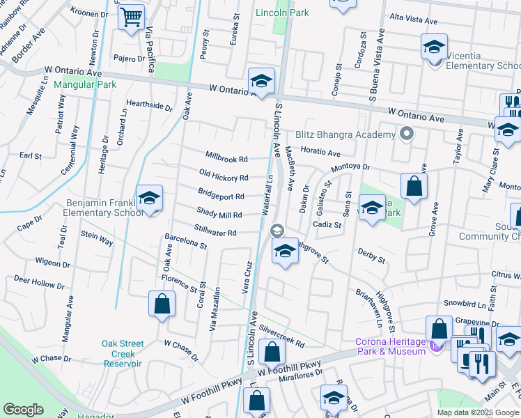 map of restaurants, bars, coffee shops, grocery stores, and more near 1114 Shady Mill Road in Corona