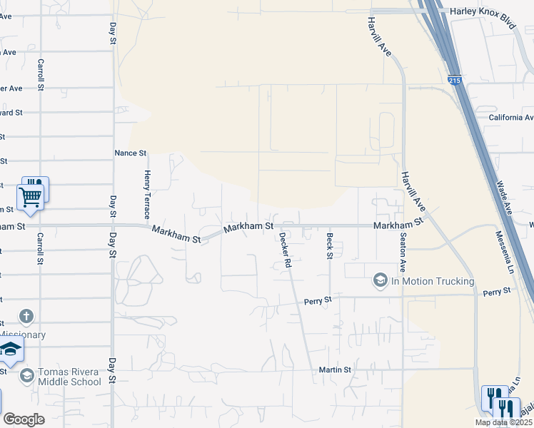 map of restaurants, bars, coffee shops, grocery stores, and more near 22540 Markham Street in Perris