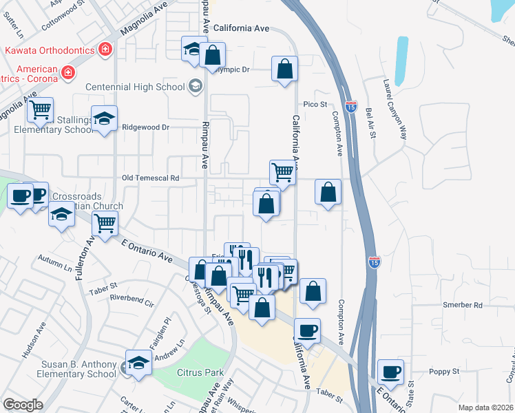 map of restaurants, bars, coffee shops, grocery stores, and more near 2054 Cecilia Circle in Corona