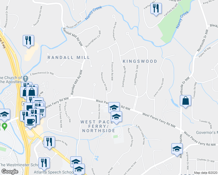 map of restaurants, bars, coffee shops, grocery stores, and more near 3565 Rembrandt Road Northwest in Atlanta
