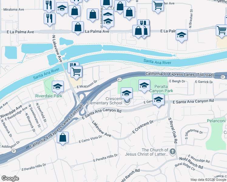 map of restaurants, bars, coffee shops, grocery stores, and more near 4913 Florence Circle in Anaheim