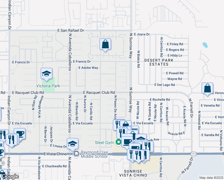 map of restaurants, bars, coffee shops, grocery stores, and more near 1490 East Racquet Club Road in Palm Springs