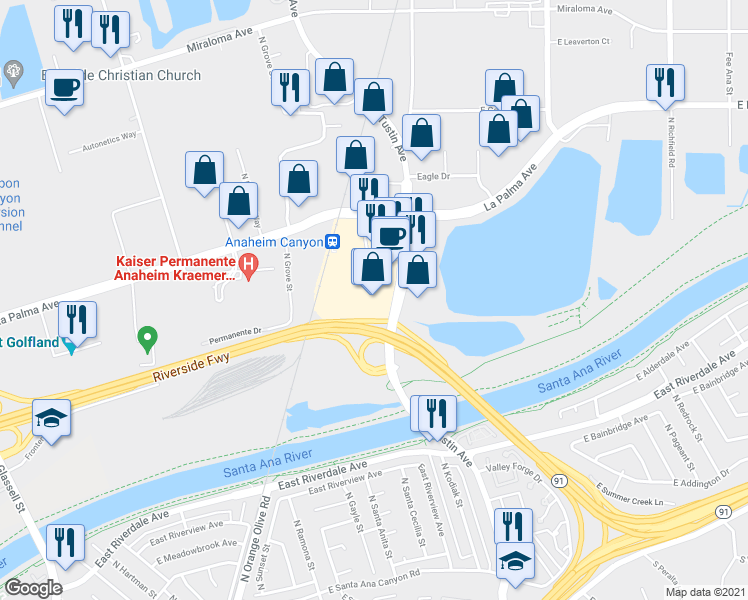 map of restaurants, bars, coffee shops, grocery stores, and more near 1021 North Tustin Avenue in Anaheim