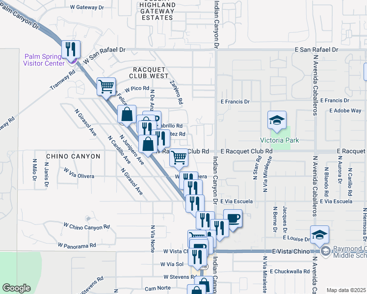 map of restaurants, bars, coffee shops, grocery stores, and more near 283 Cheryl Way in Palm Springs