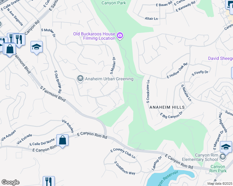 map of restaurants, bars, coffee shops, grocery stores, and more near 465 South Country Hill Road in Anaheim