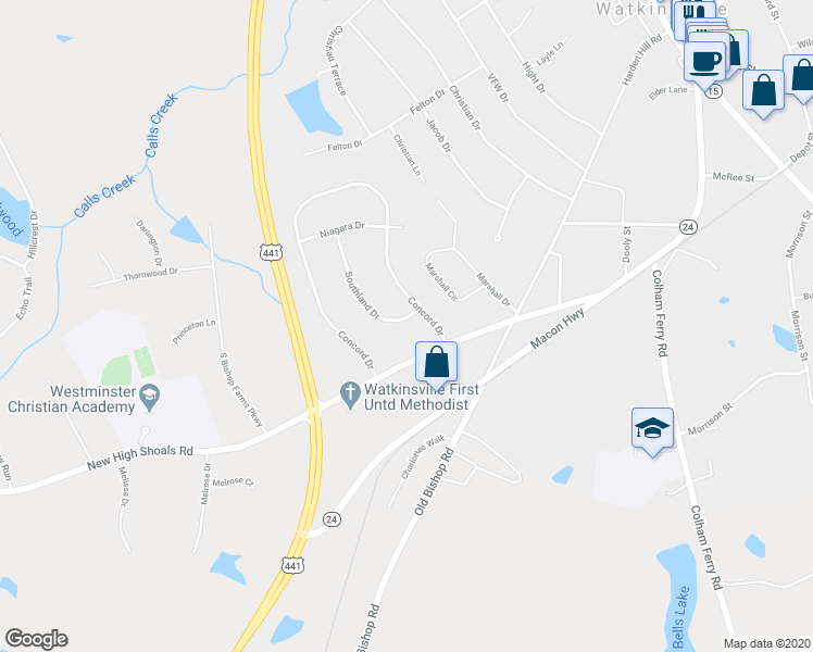 map of restaurants, bars, coffee shops, grocery stores, and more near 103 Southland Drive in Watkinsville