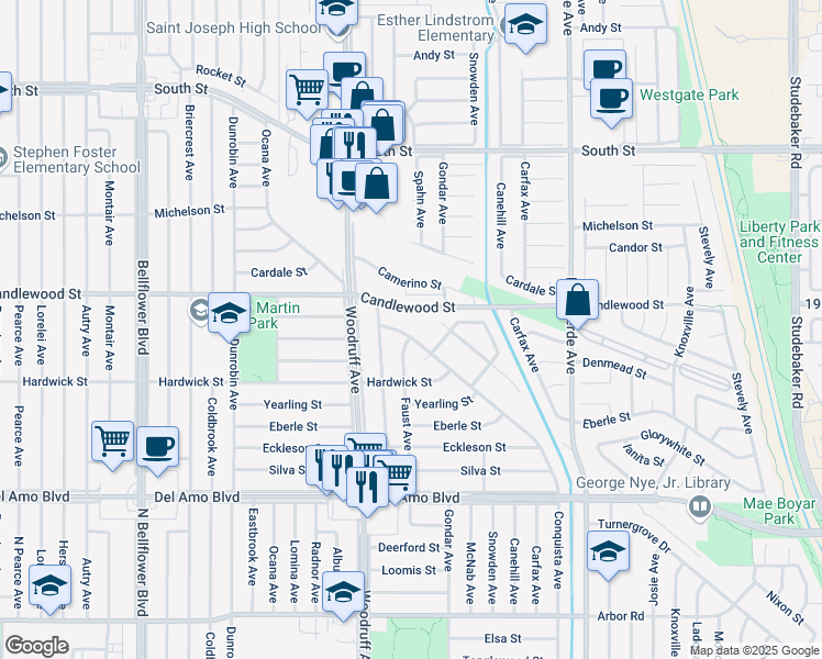 map of restaurants, bars, coffee shops, grocery stores, and more near 5959 Turnergrove Drive in Lakewood