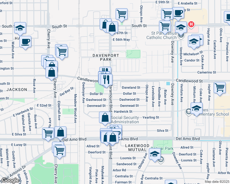 map of restaurants, bars, coffee shops, grocery stores, and more near 2713 Dollar Street in Lakewood