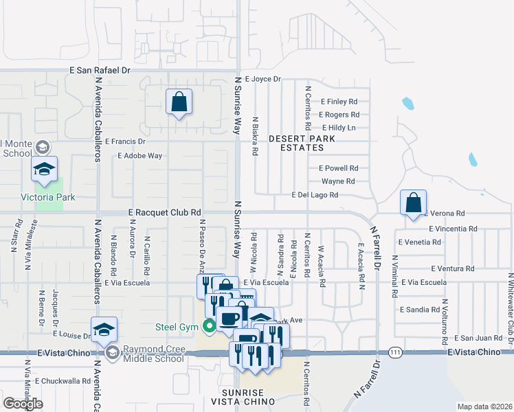 map of restaurants, bars, coffee shops, grocery stores, and more near 1809 East Racquet Club Road in Palm Springs