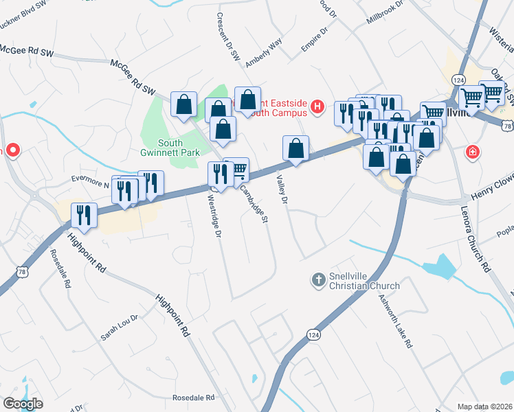 map of restaurants, bars, coffee shops, grocery stores, and more near 2279 Cambridge Street in Snellville