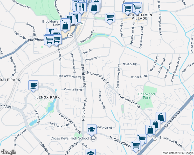 map of restaurants, bars, coffee shops, grocery stores, and more near 1254 Lindenwood Lane Northeast in Atlanta