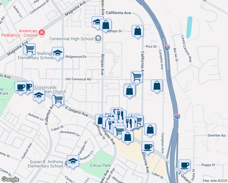 map of restaurants, bars, coffee shops, grocery stores, and more near 1130 Portofino Court in Corona