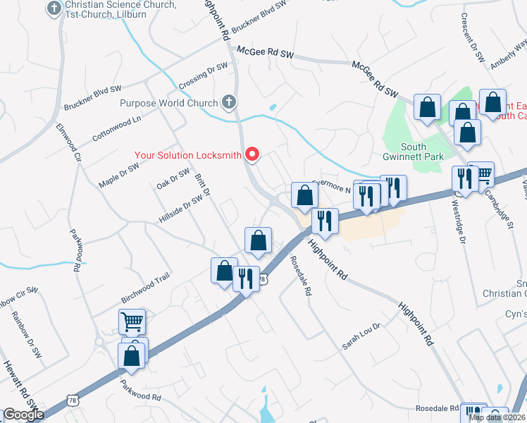 map of restaurants, bars, coffee shops, grocery stores, and more near 2055 Highpoint Road in Snellville