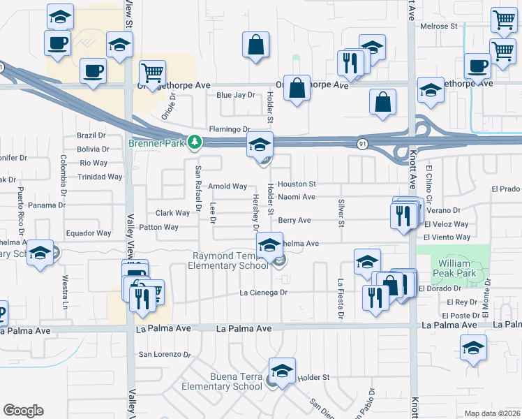 map of restaurants, bars, coffee shops, grocery stores, and more near 6444 Ward Way in Buena Park