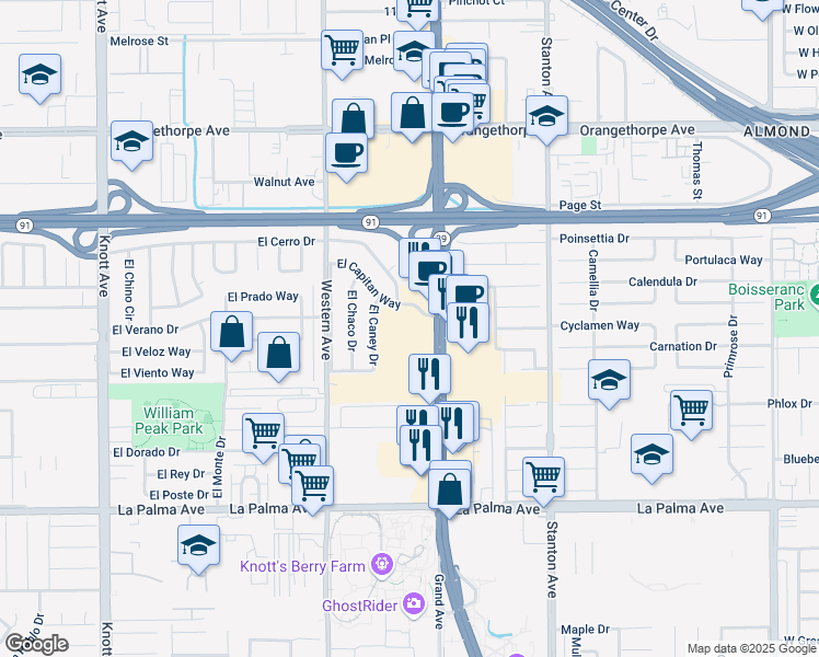 map of restaurants, bars, coffee shops, grocery stores, and more near 7621 Beach Boulevard in Buena Park