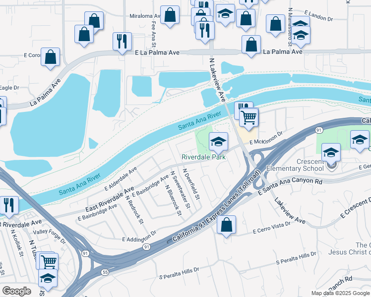 map of restaurants, bars, coffee shops, grocery stores, and more near 4433 East Lani Avenue in Anaheim