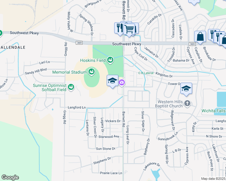 map of restaurants, bars, coffee shops, grocery stores, and more near 4712 Barnett Road in Wichita Falls