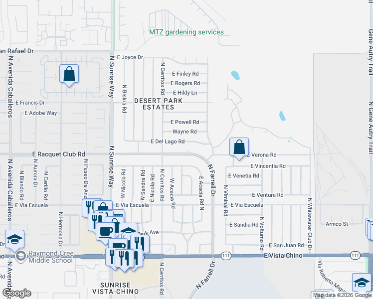 map of restaurants, bars, coffee shops, grocery stores, and more near 2300 E Racquet Club Rd in Palm Springs