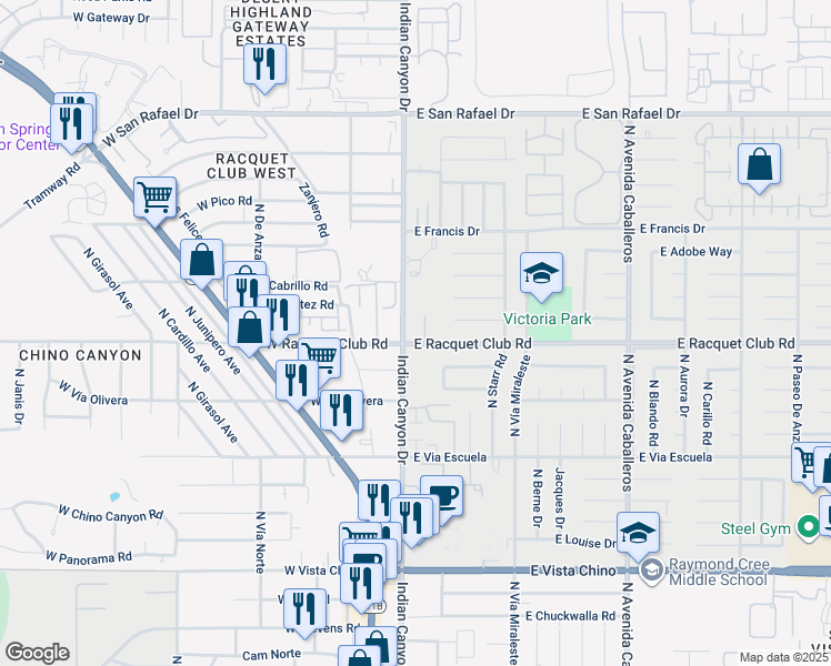 map of restaurants, bars, coffee shops, grocery stores, and more near 200 East Racquet Club Road in Palm Springs