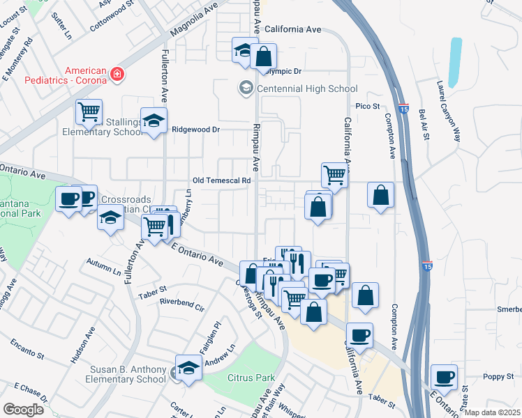 map of restaurants, bars, coffee shops, grocery stores, and more near 2050 Napoli Court in Corona
