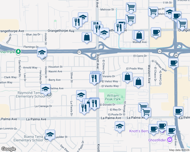 map of restaurants, bars, coffee shops, grocery stores, and more near 7581 Knott Avenue in Buena Park