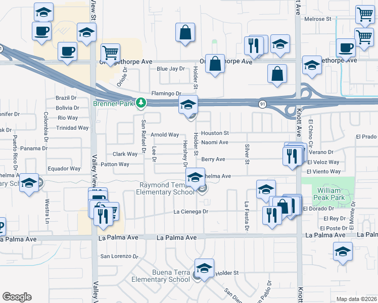 map of restaurants, bars, coffee shops, grocery stores, and more near 6444 Ward Way in Buena Park