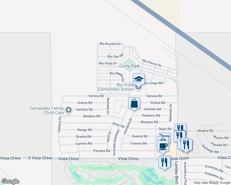 map of restaurants, bars, coffee shops, grocery stores, and more near 27142 Shadowcrest Lane in Cathedral City